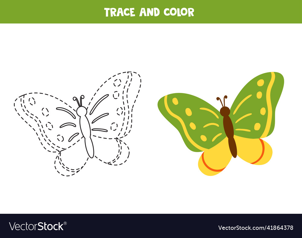 Trace and color cartoon butterfly worksheet