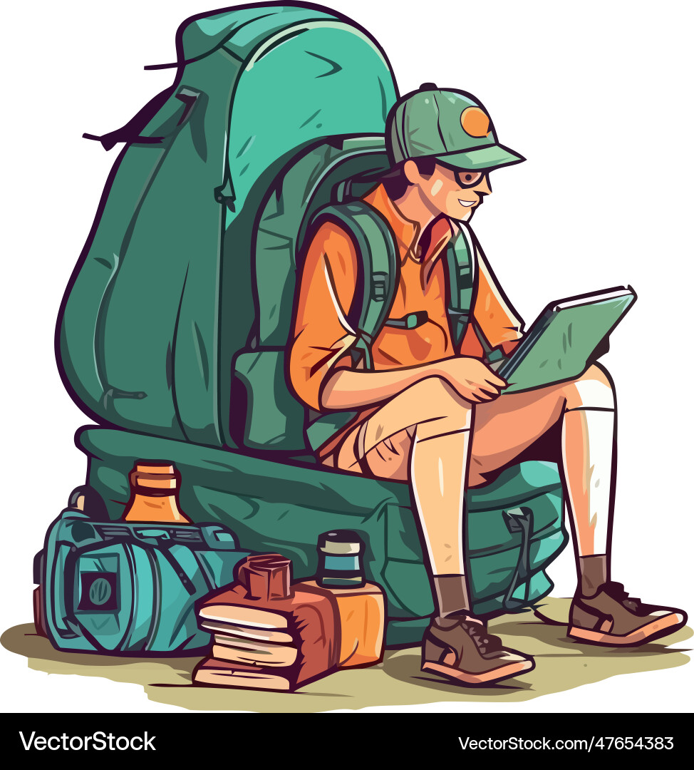 Backpacke exploring nature reading map Royalty Free Vector
