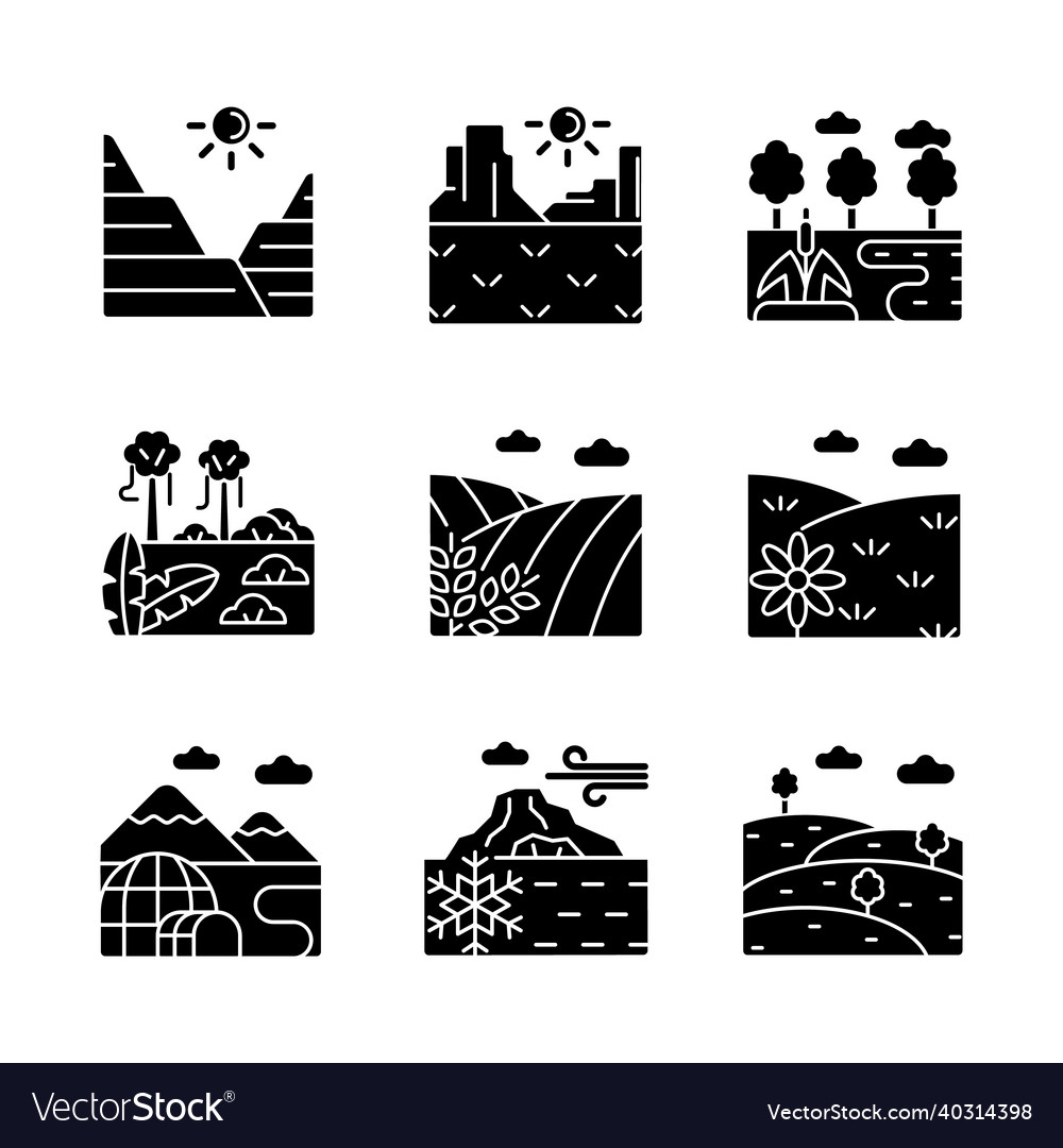 Biomes and landforms black glyph icons set