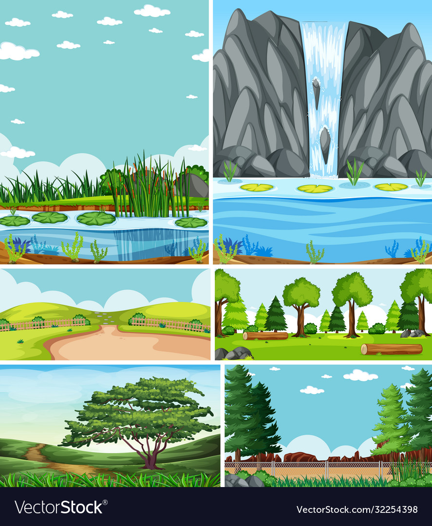 Six different scenes in nature setting cartoon