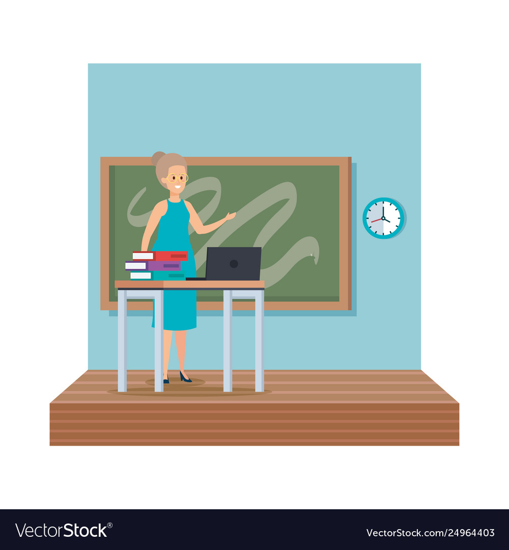 Teacher female in desk with laptop and books