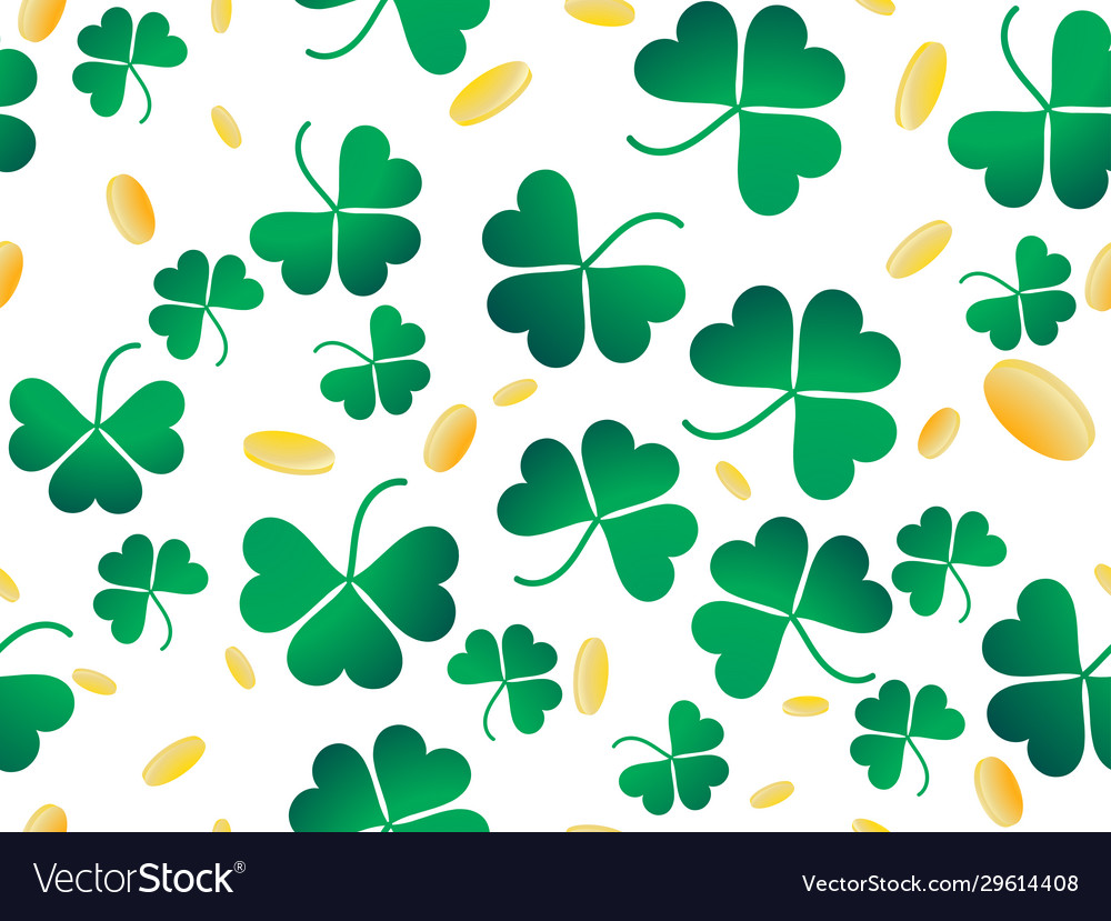 Clover leaves and golden coins seamless pattern