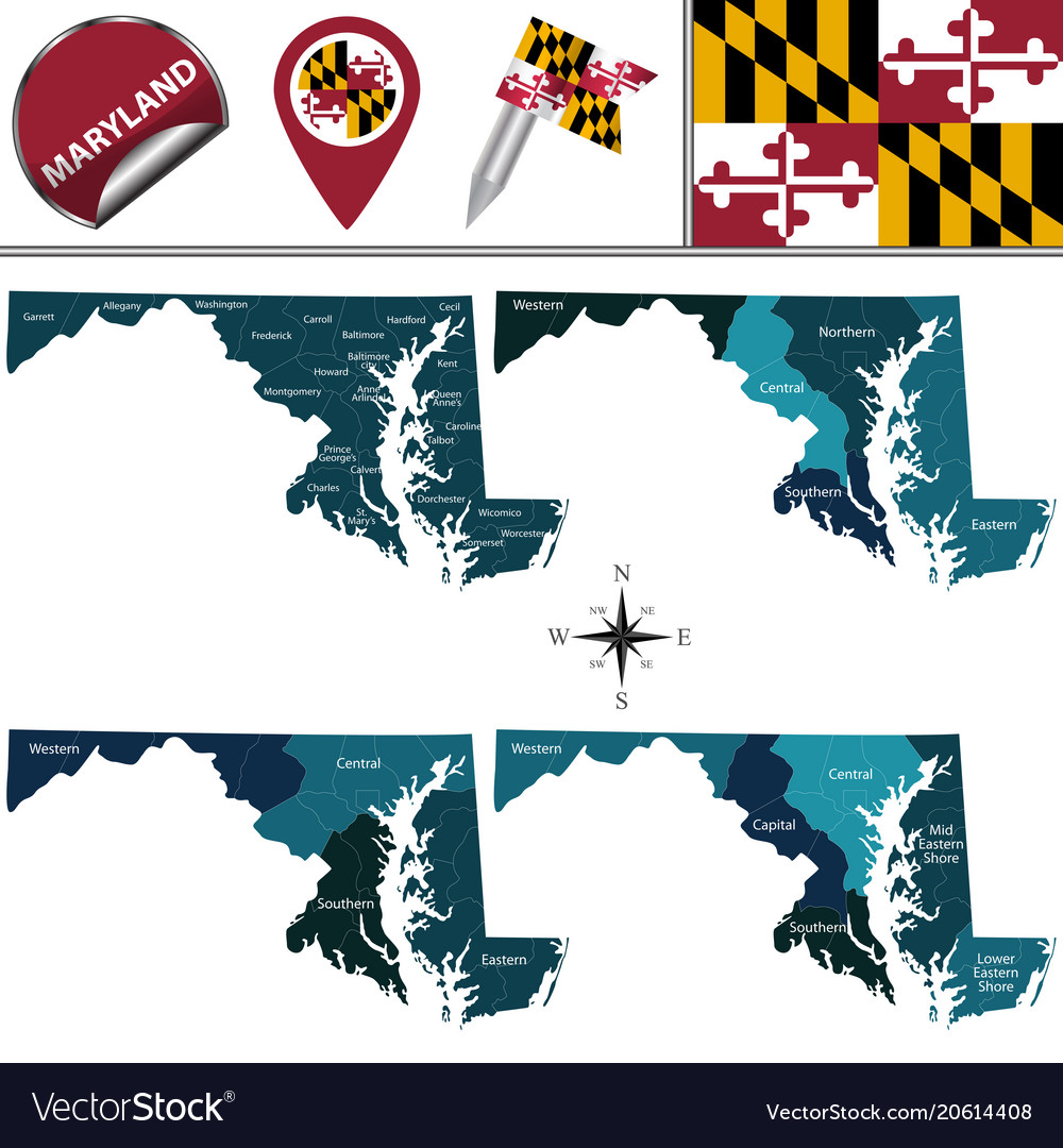 Map maryland with regions Royalty Free Vector Image