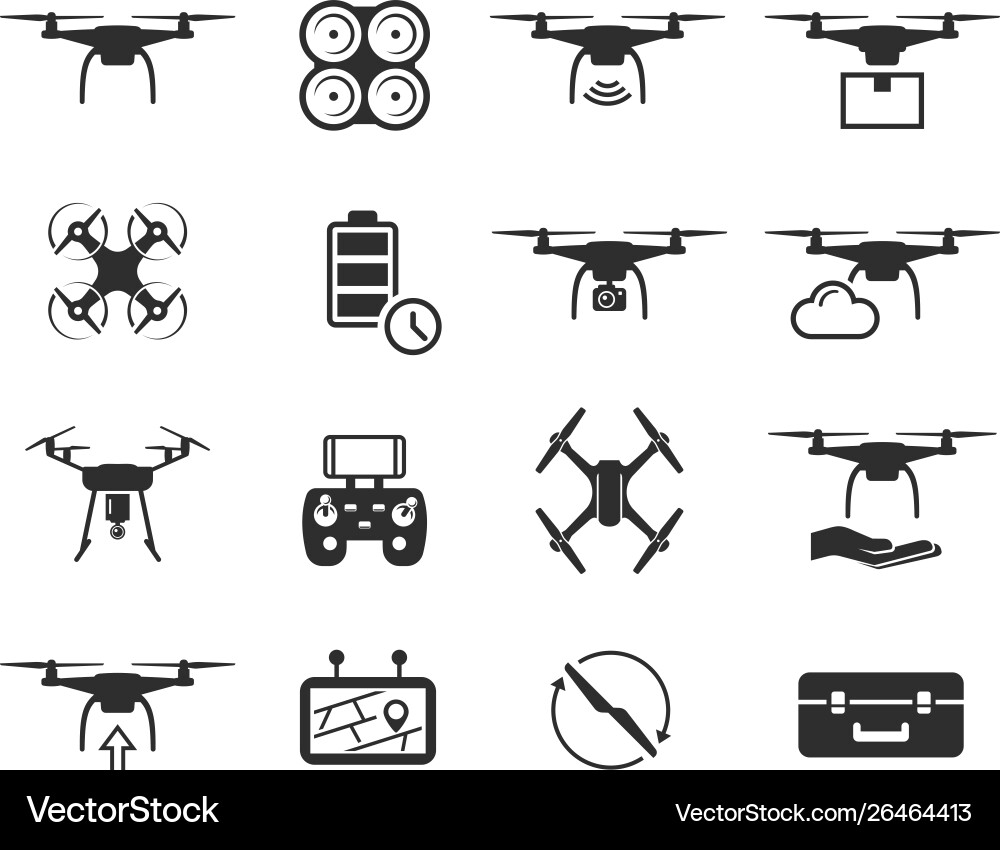 Drones black icon set helicopter technology Vector Image