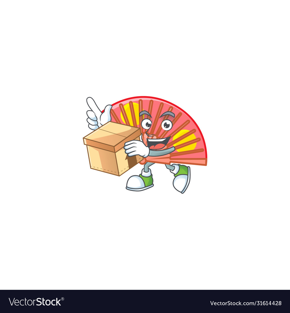 Cute red chinese folding fan cartoon having a box