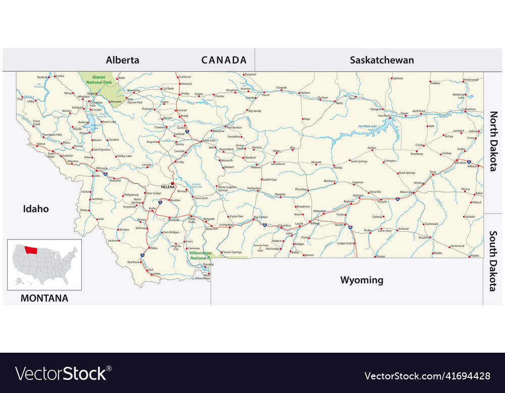 Road Map Of The Us American State Of Montana Vector Image Road Map Of The Us American State Of Montana Vector 41694428