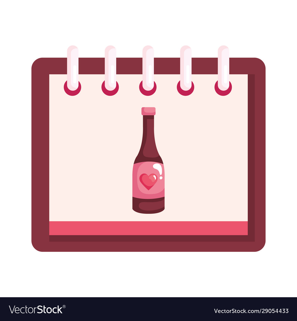 Bottle wine with heart in calendar isolated