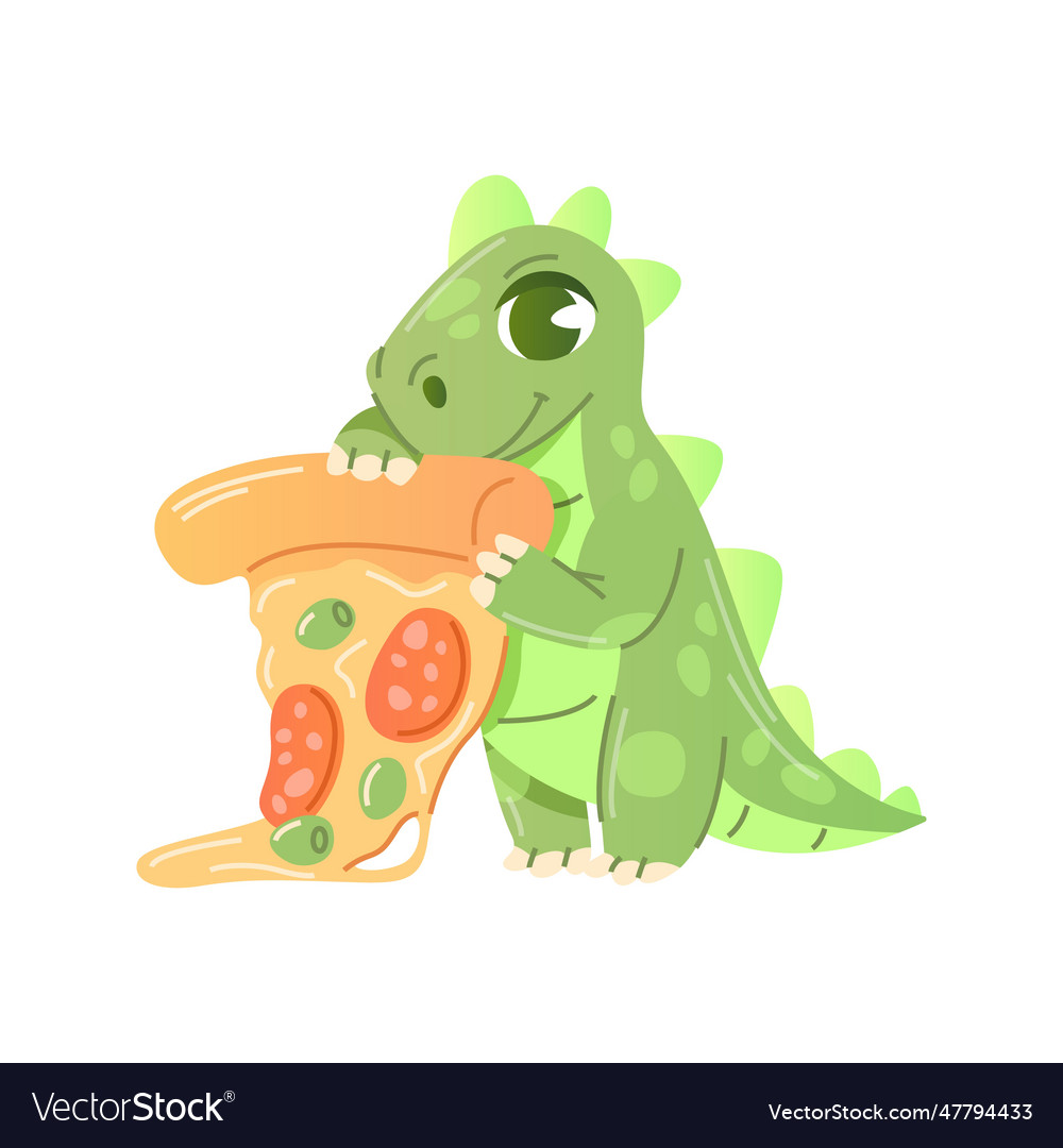 Cute green dragon or dinosaur is holding a piece Vector Image