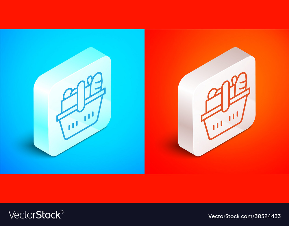 Isometric line shopping basket and food icon