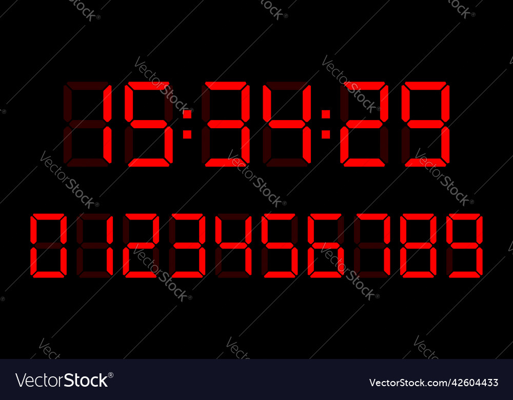 Red digital clock number set led digit set flat Vector Image