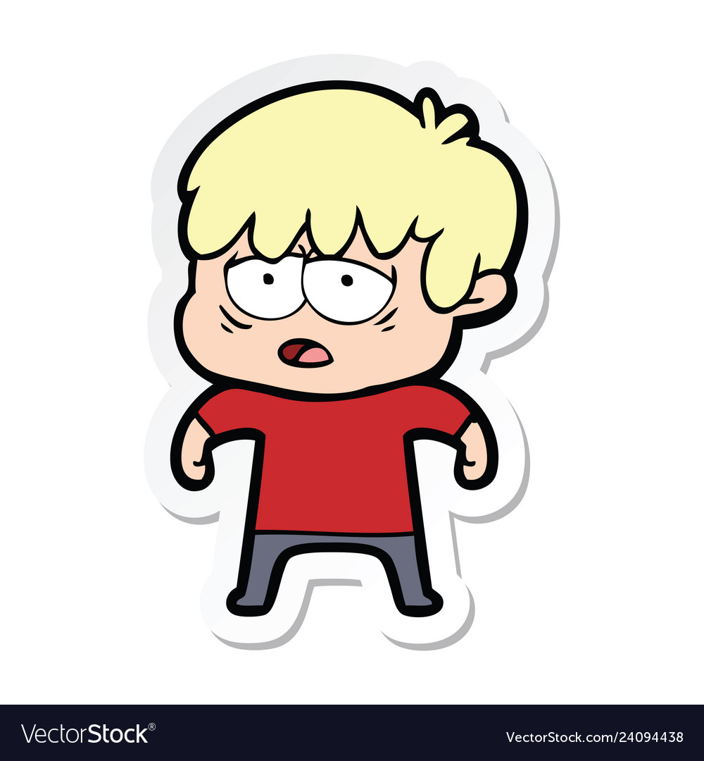 Sticker of a cartoon exhausted boy Royalty Free Vector Image