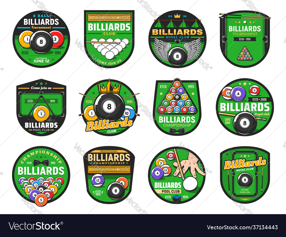 Billiards or pool sport icons cues balls tables vector image Billiards or pool sport icons cues balls tables