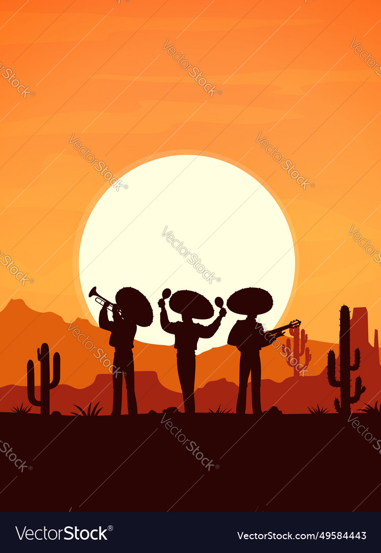 Desert sunset landscape with mexican musicians Vector Image