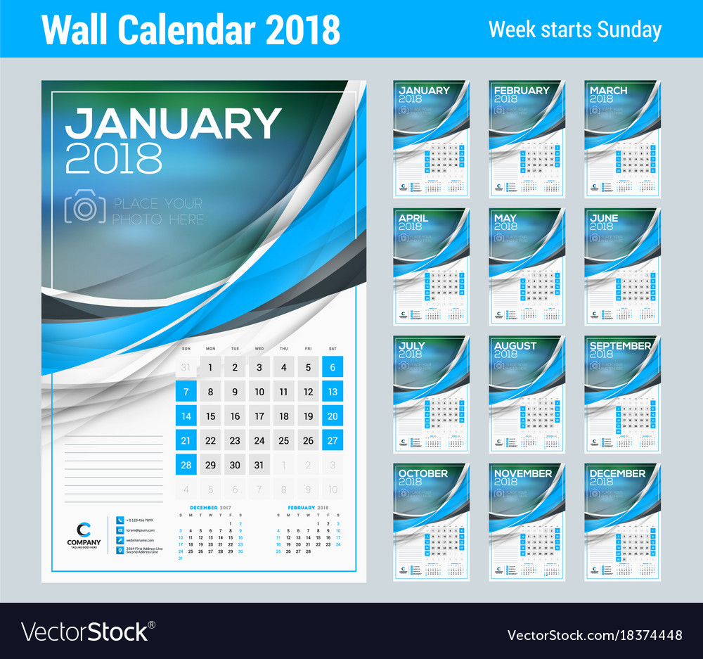 Calendar template for 2018 year set of 12 months