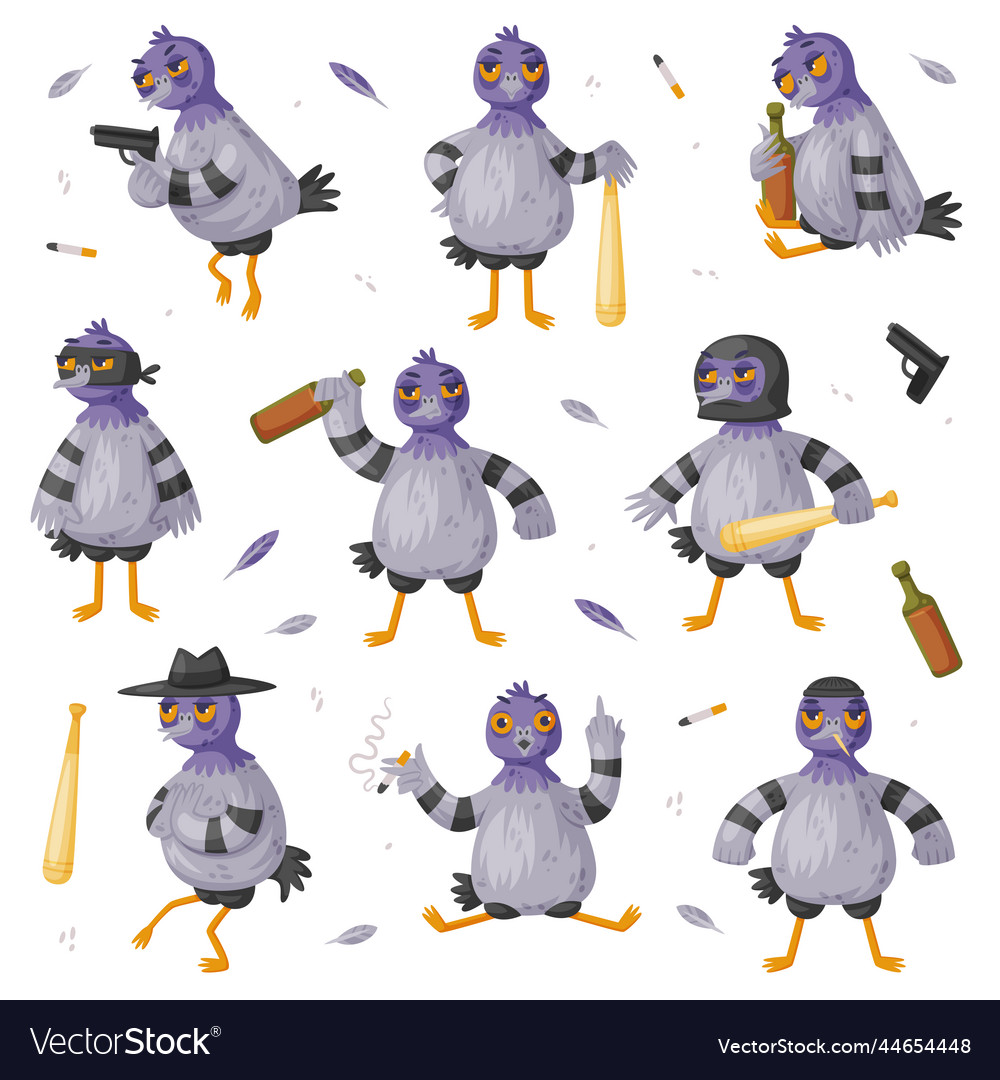 Pigeon bandit character with bat and handgun Vector Image