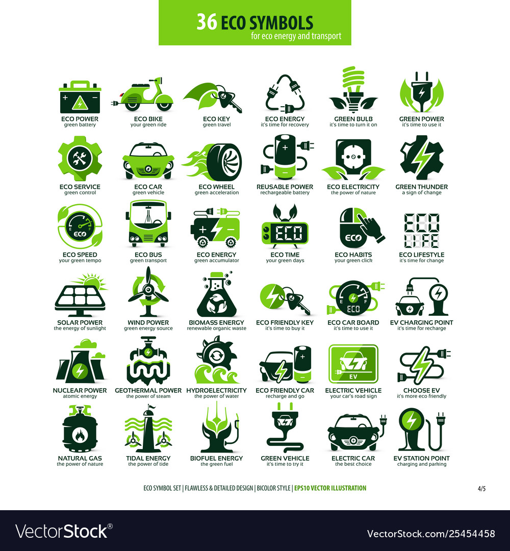 36 symbols for eco energy and transport Royalty Free Vector