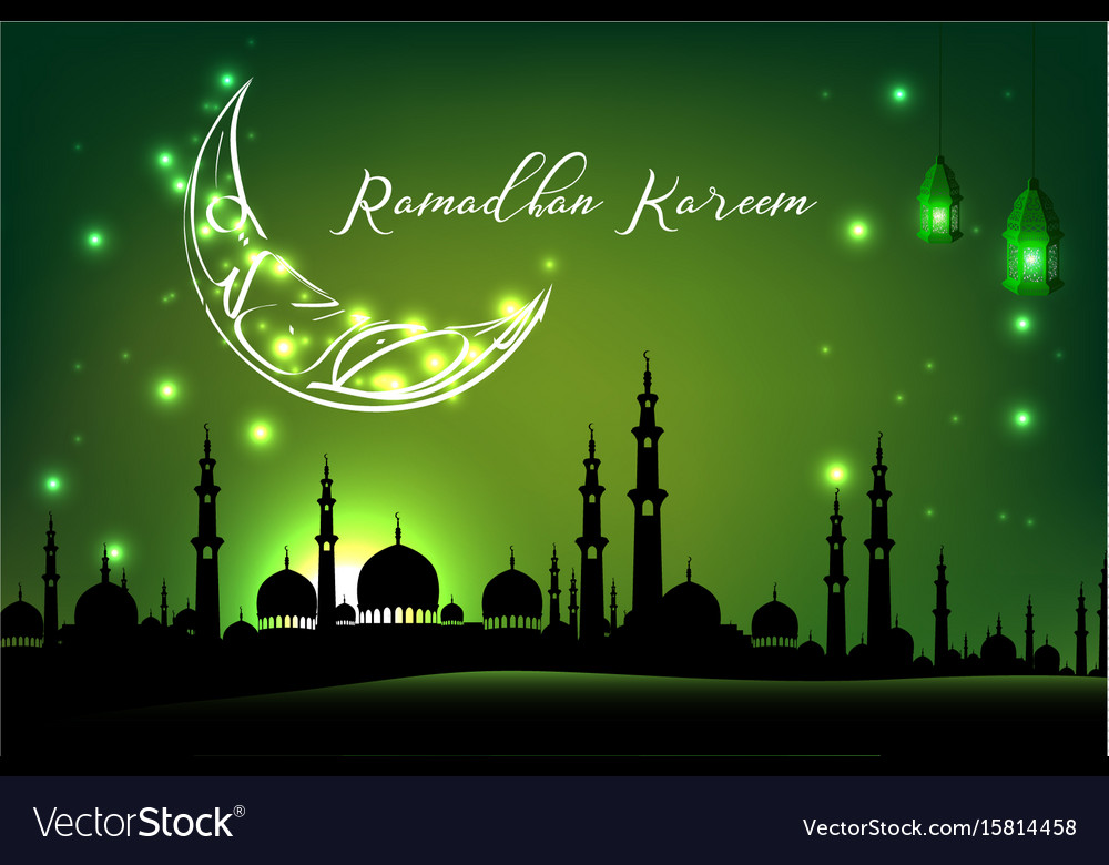 Beautiful mosque with moon on green sky background