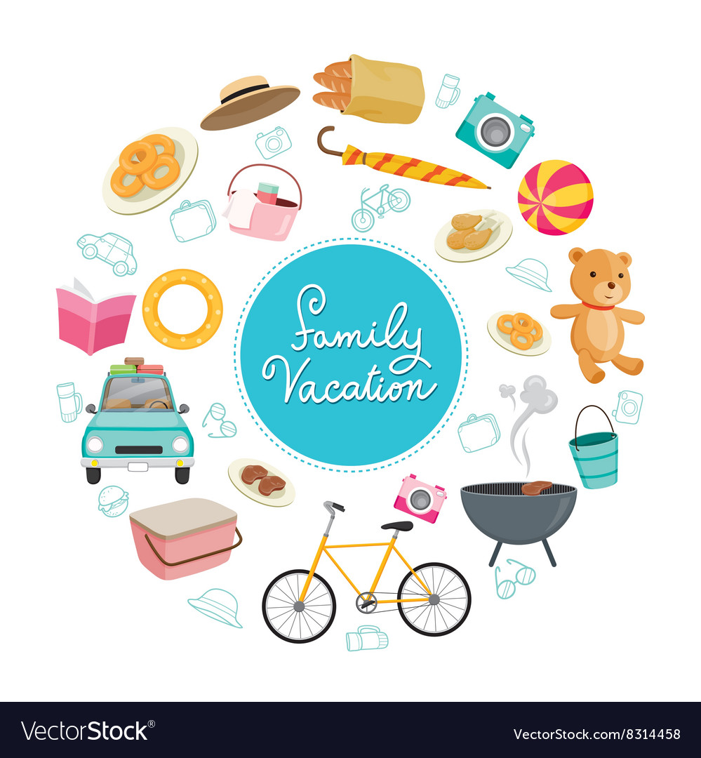 Family Vacation Objects Icons On Round Frame Vector Image