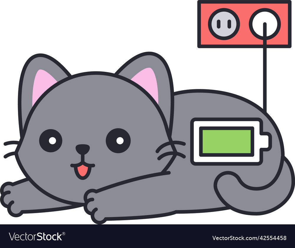 Gray cat with full battery charging icon