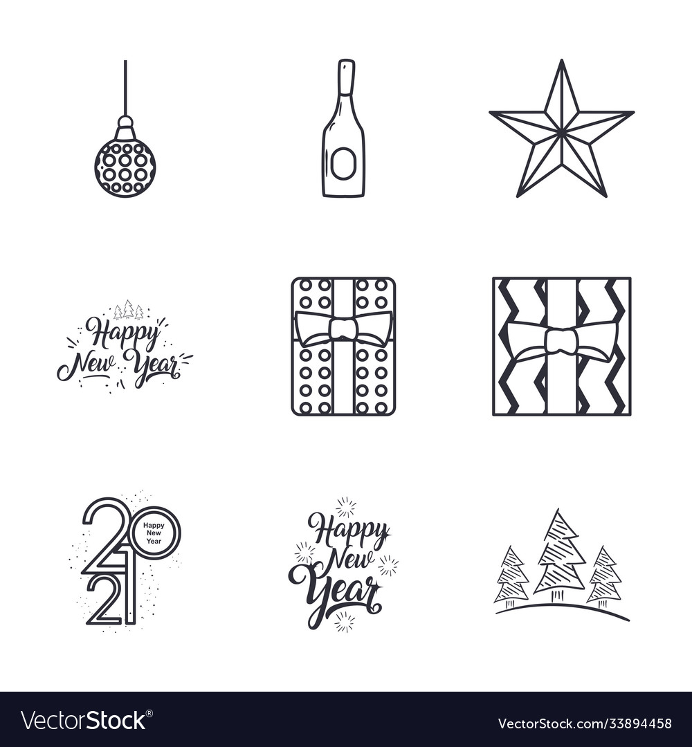 Happy new year line style icon set design