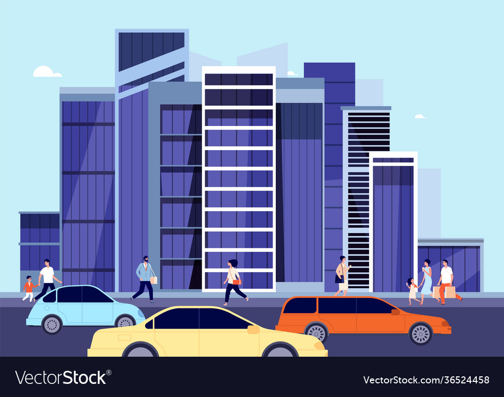 People in downtown spring city landscape car on Vector Image