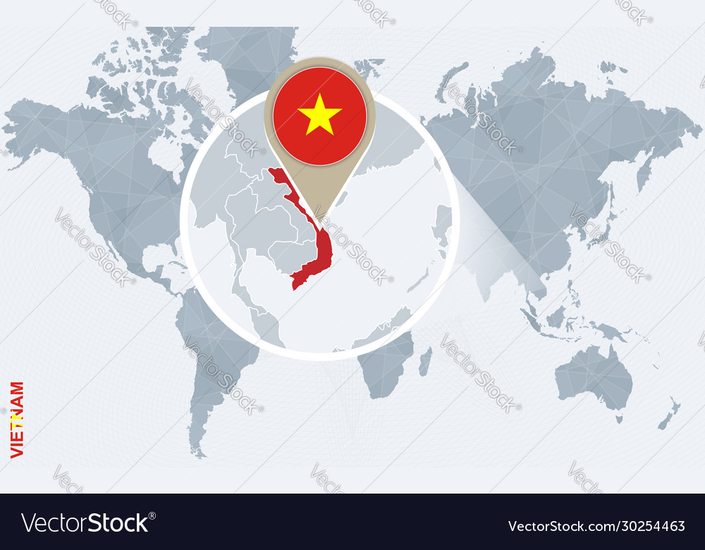 Abstract blue world map with magnified vietnam Vector Image