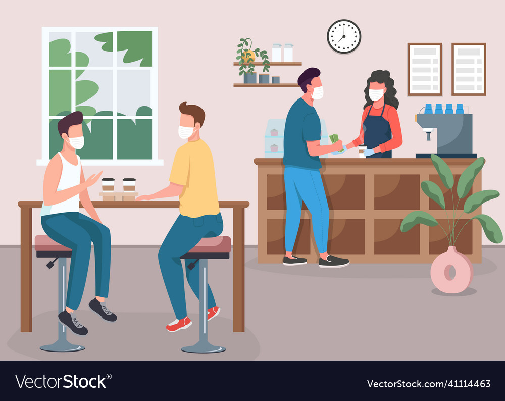 Coffee shop during pandemic flat color Royalty Free Vector