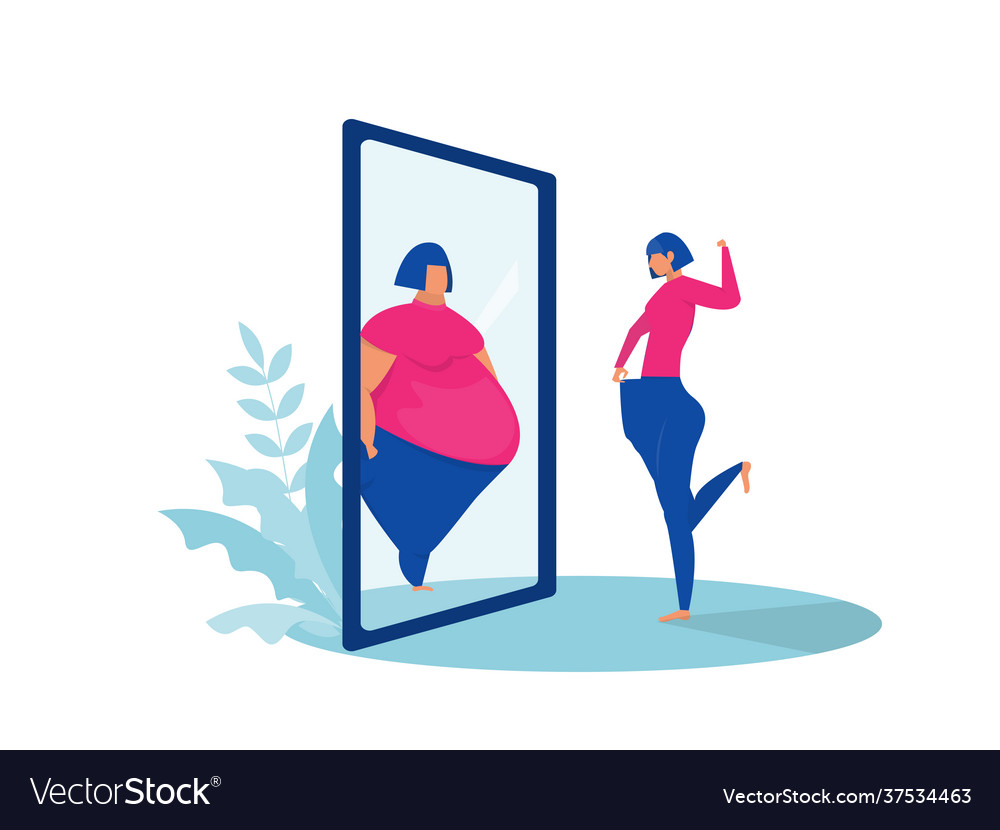 Fat Lady Looking At Mirror Fit Reflection Before Vector Image