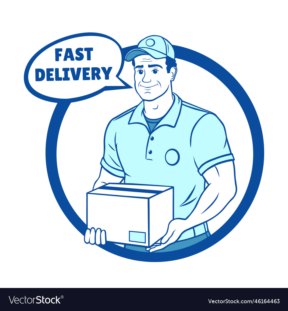 Smiling delivery man in blue uniform holding