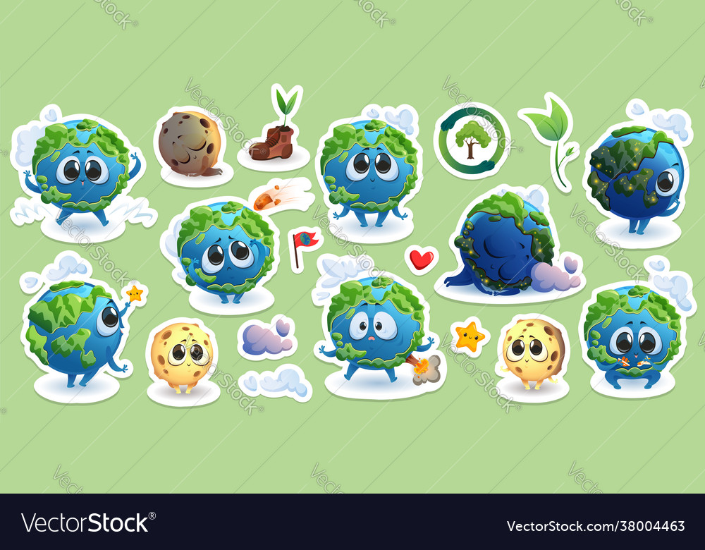 Stickers with earth and moon cartoon characters Vector Image