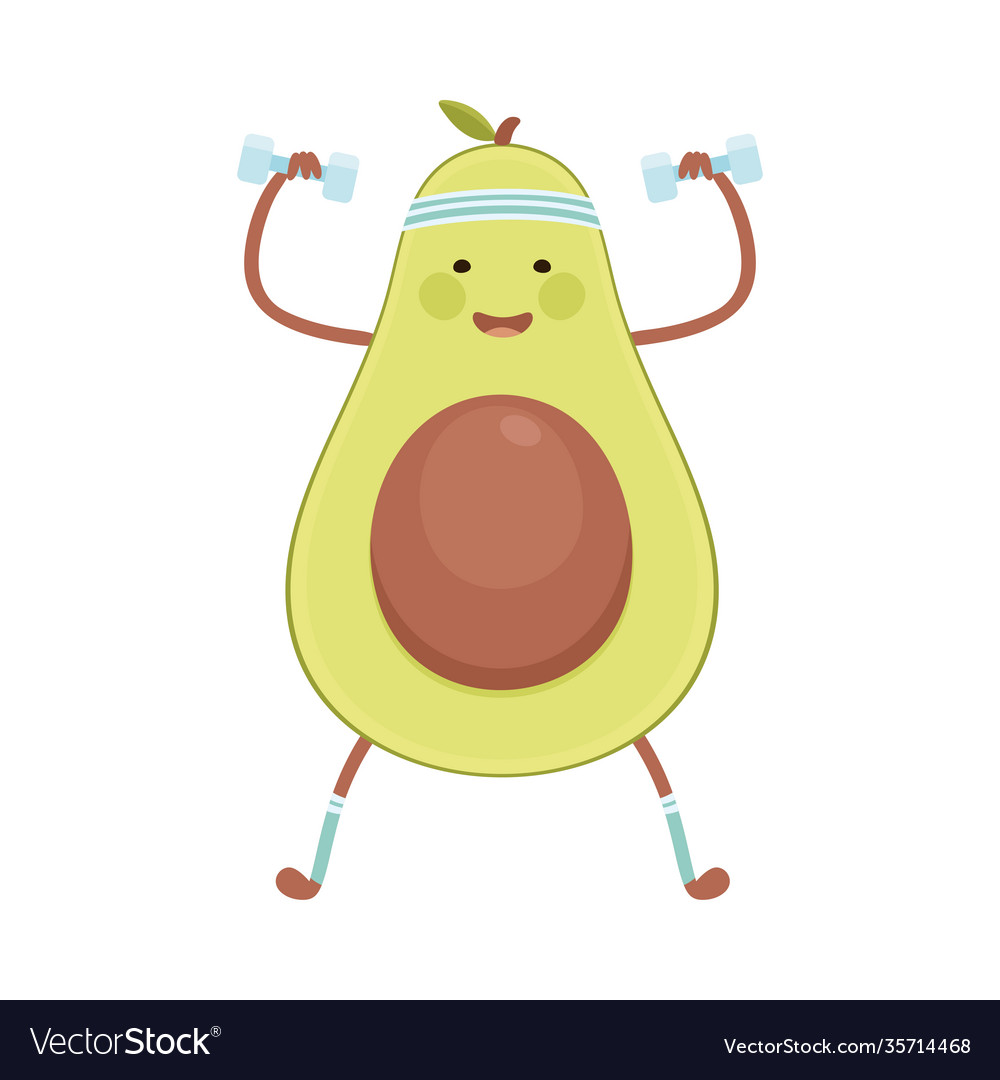 Cute avocado exercising with dumbbells funny