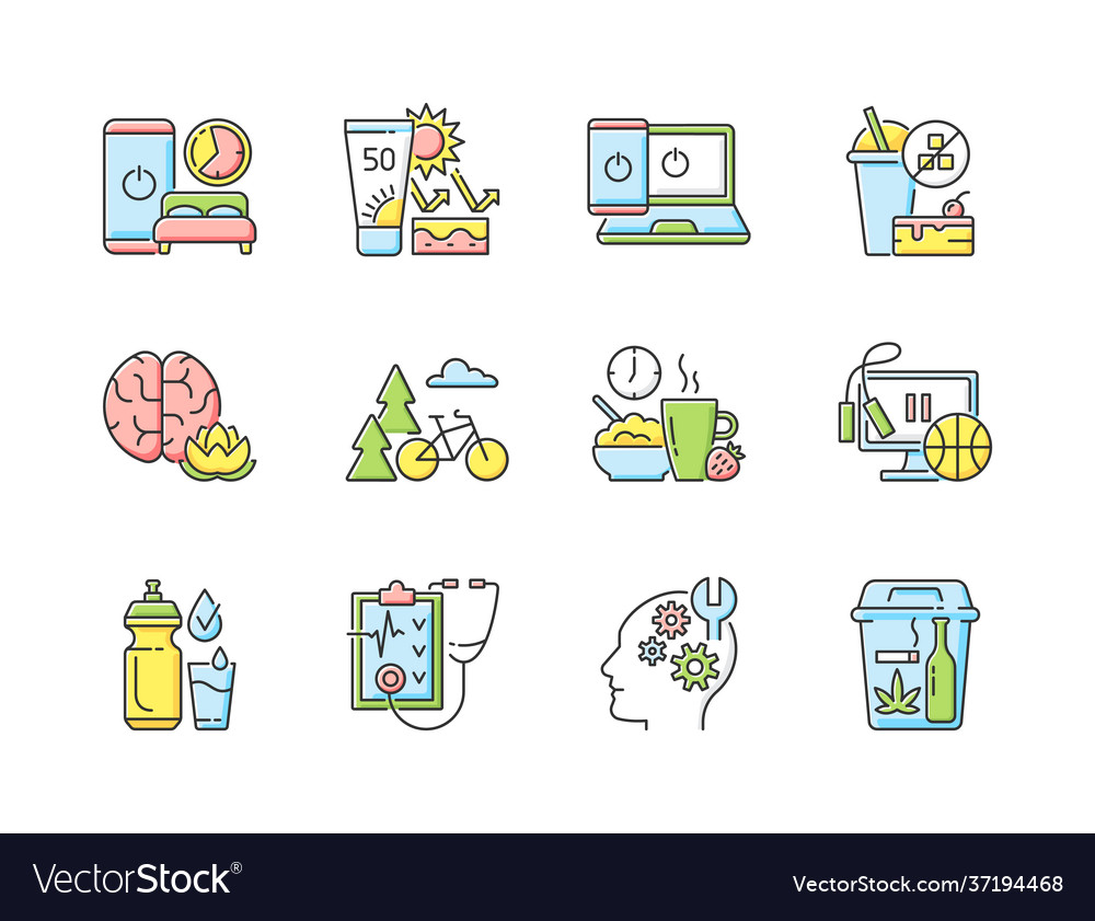 Healthy activity rgb color icons set