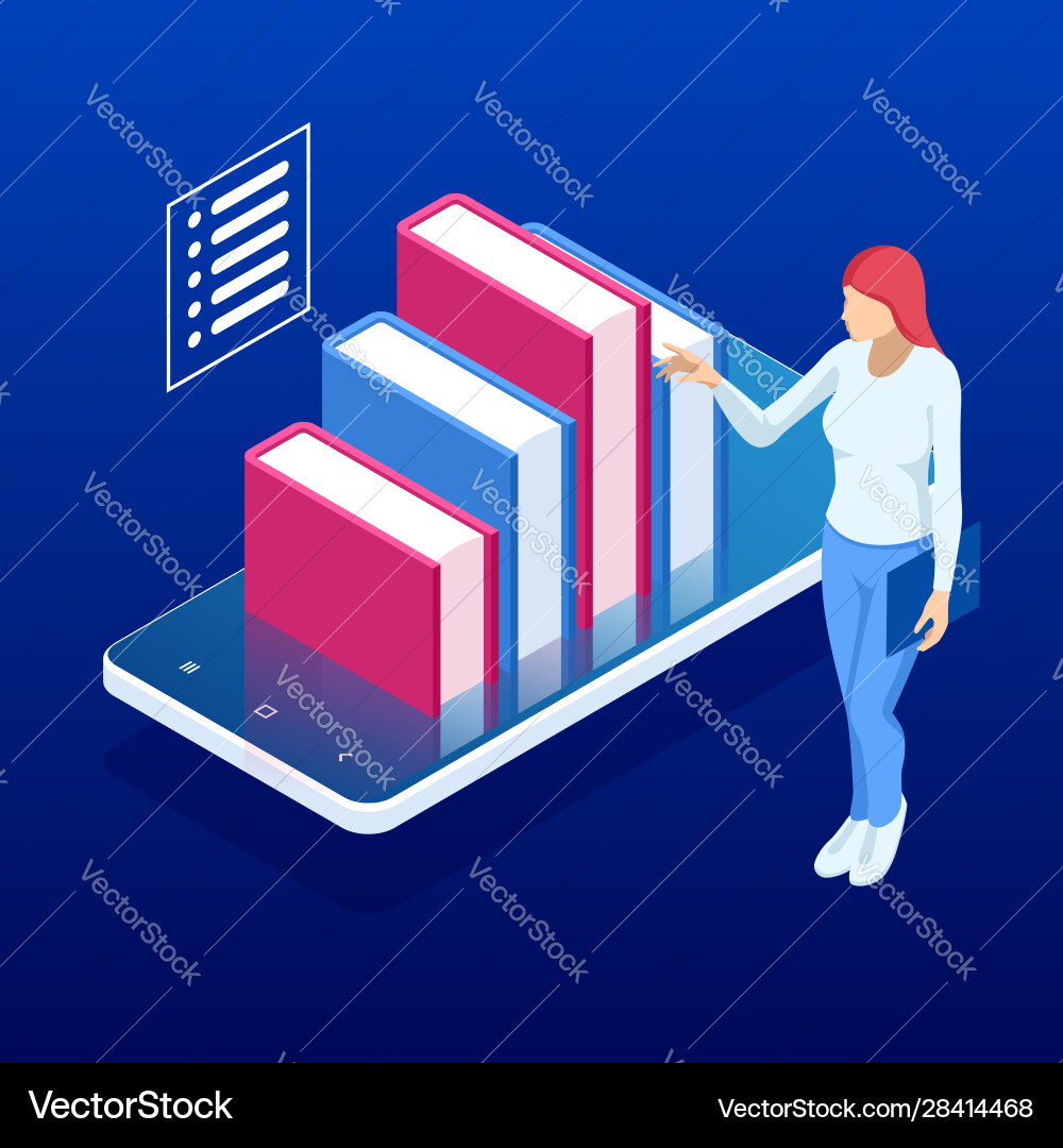 Isometric online digital library e-book e Vector Image