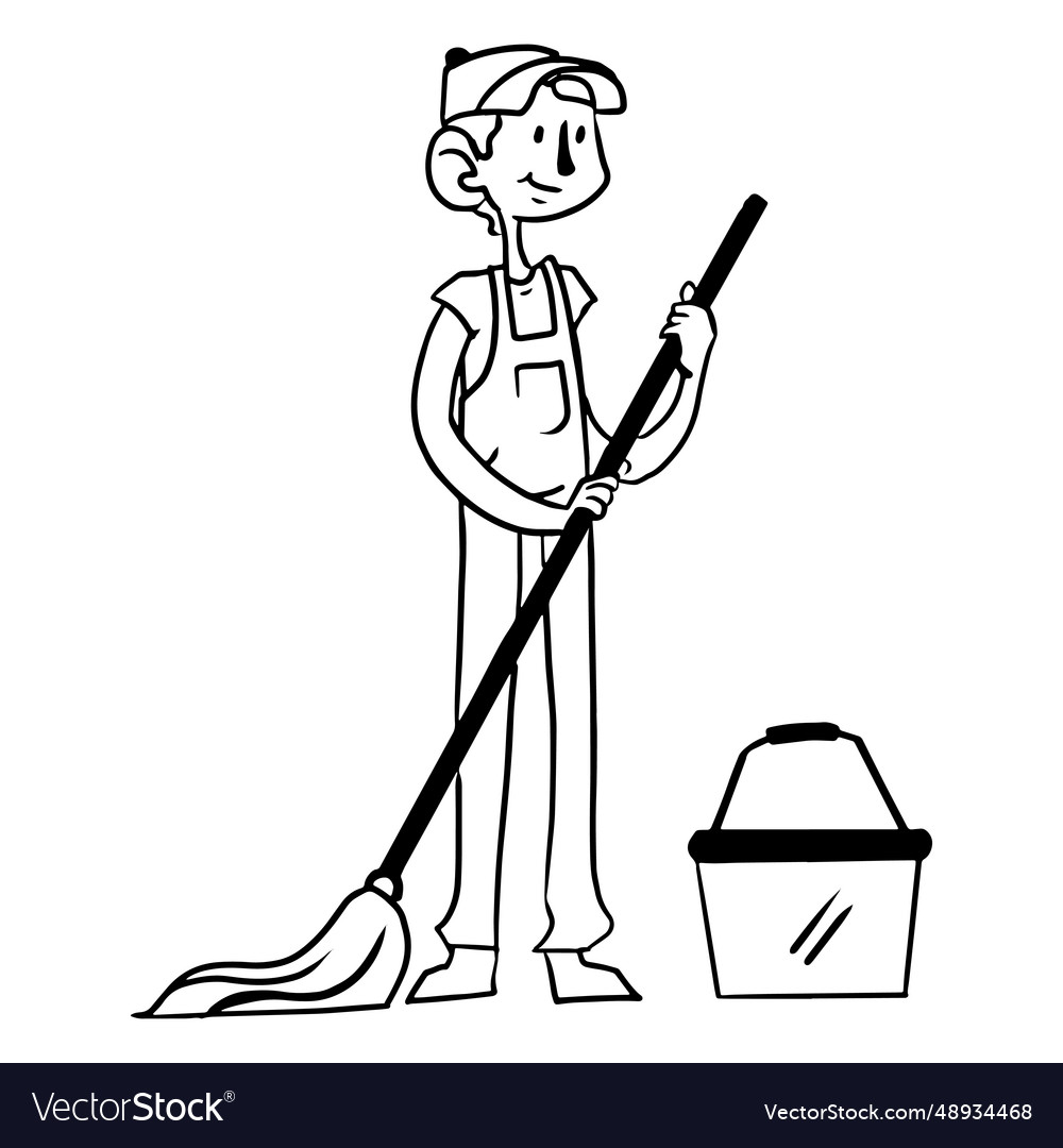 Mop bucket worker stroke Royalty Free Vector Image