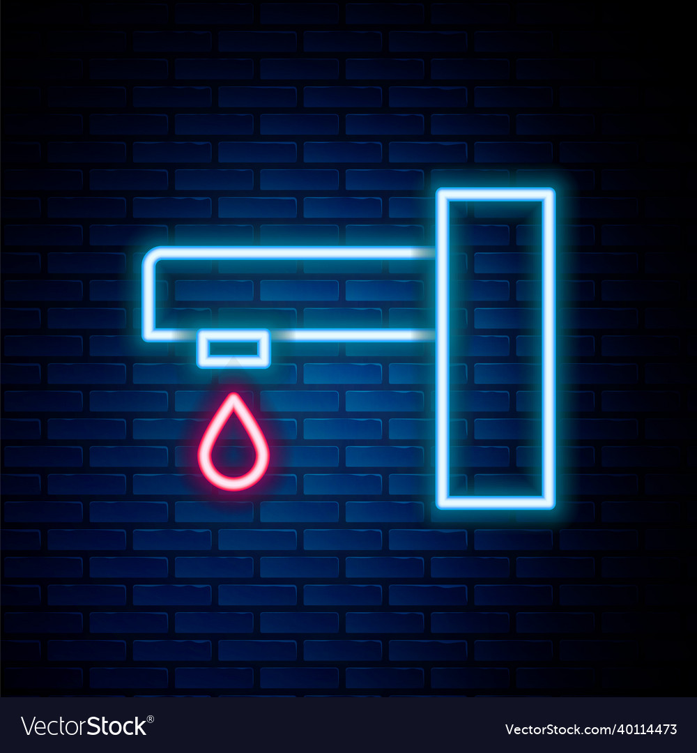 Glowing neon line water tap icon isolated on brick