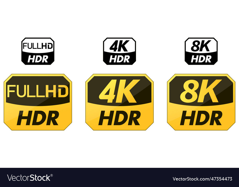 Set von gelben und schwarzen Hdr-Symbolen hd 4k 8k