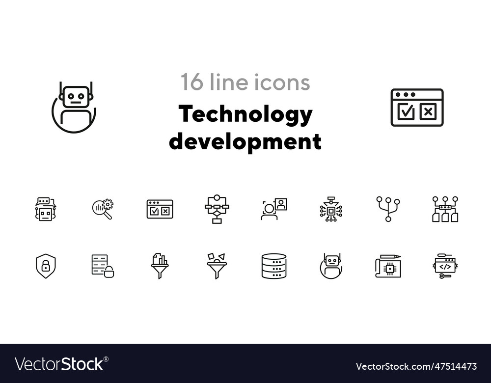 Technology development line icon set Royalty Free Vector
