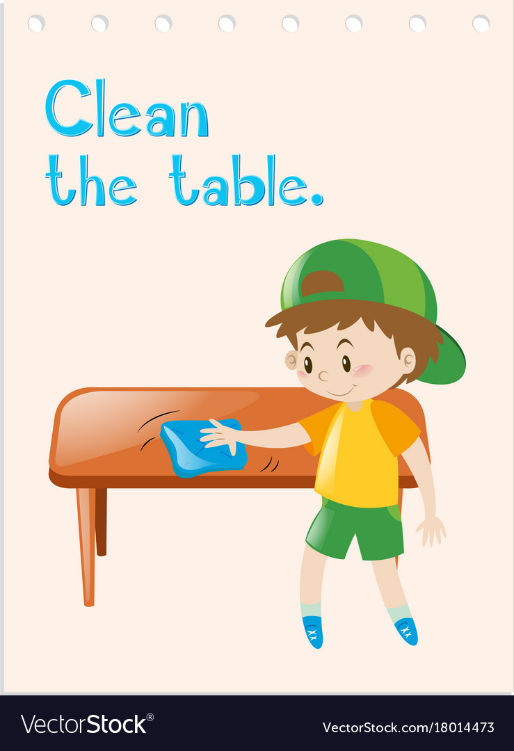 Wordcard with boy cleaning table Royalty Free Vector Image
