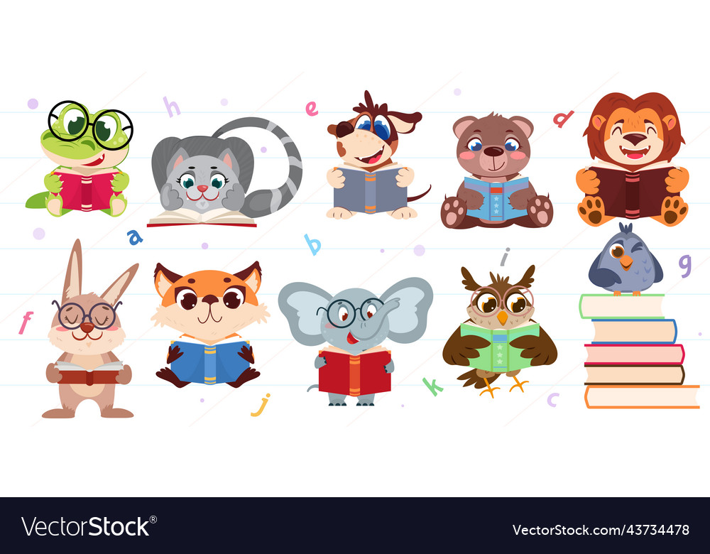 Cute cartoon animals and birds reading books Vector Image