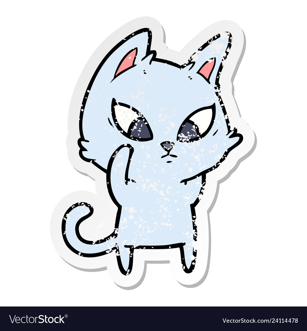 Distressed sticker of a confused cartoon cat