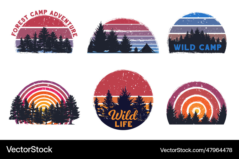 Retro forest sunset wild camp sunrise camping Vector Image