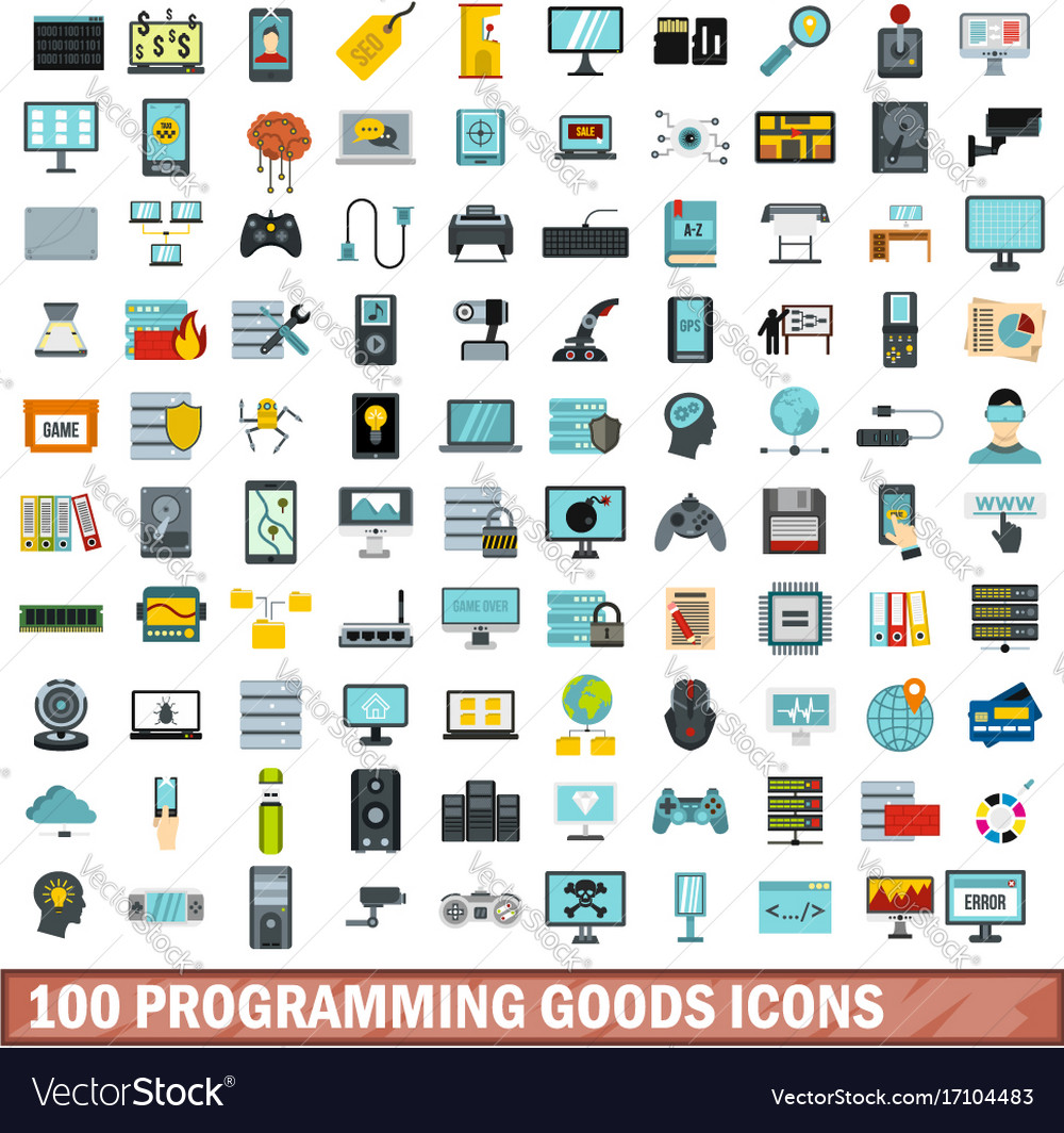 100 programming goods icons set flat style Vector Image