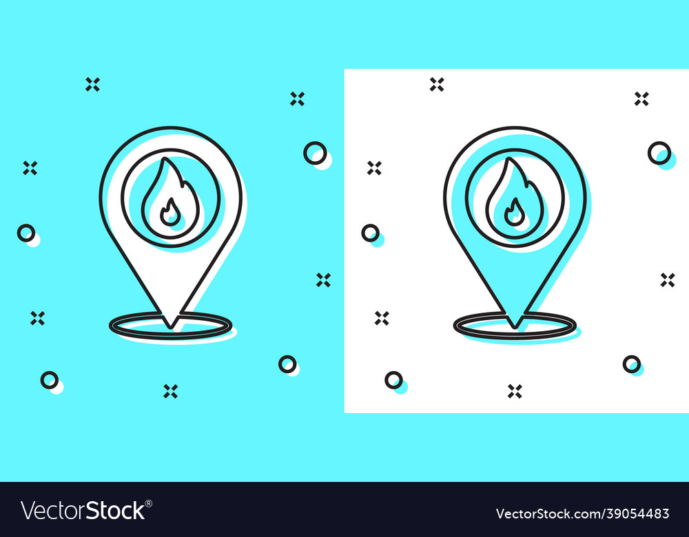 Black line map pointer with fire flame icon vector image Black line map pointer with fire flame icon