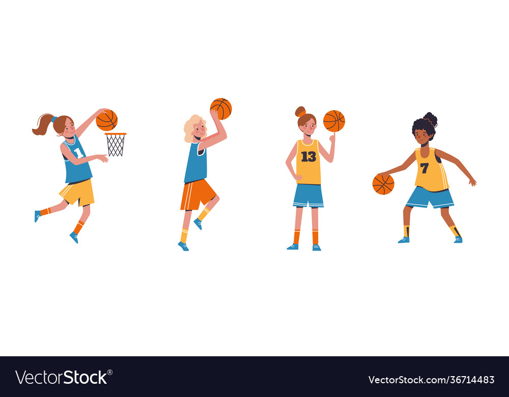 Set with cute girls who play basketball