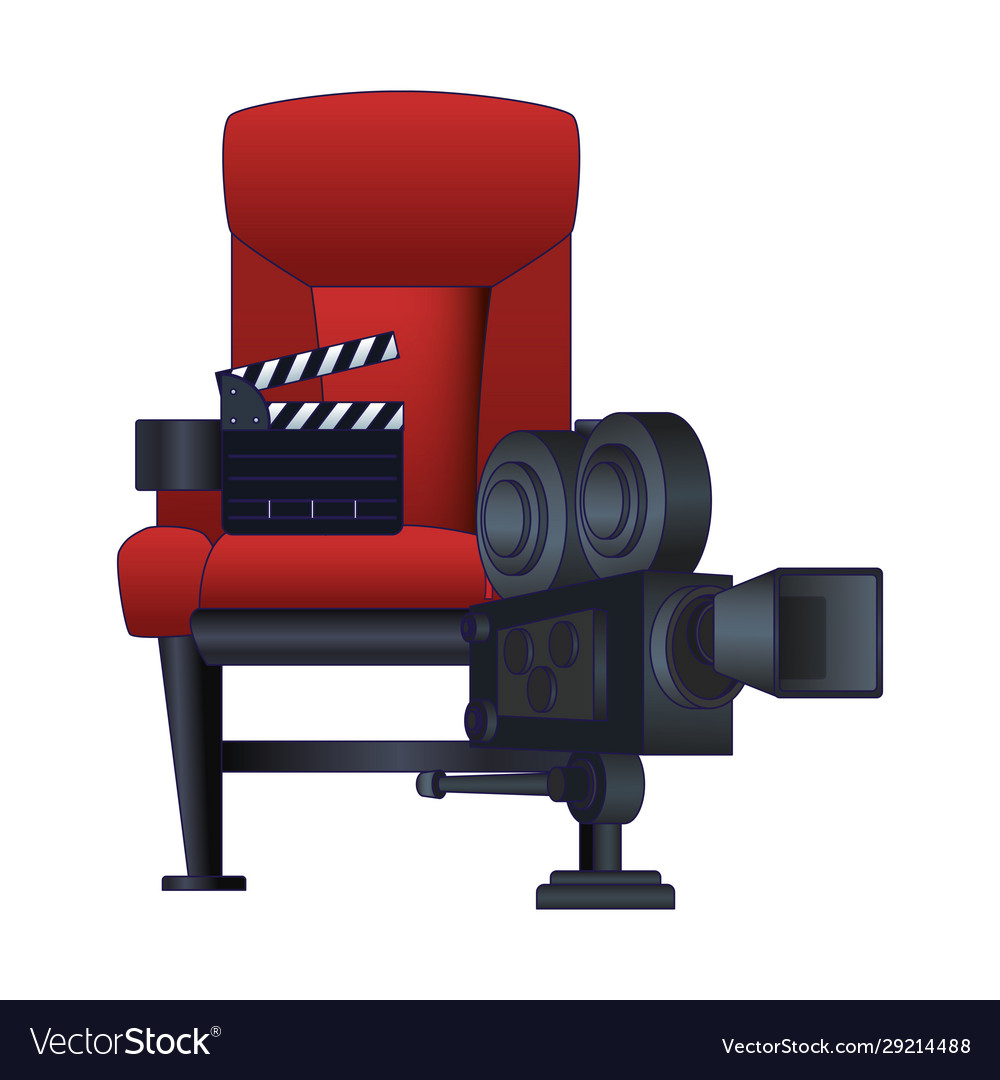 Cinema camera clapboard and theater chair icon