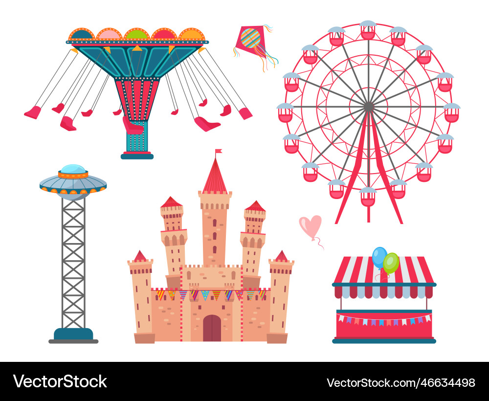Different amusement park elements flat Royalty Free Vector