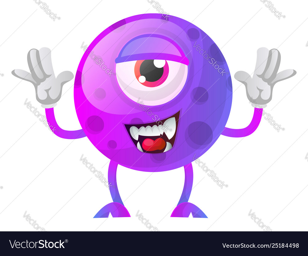 Purple monster posing for a photo on white