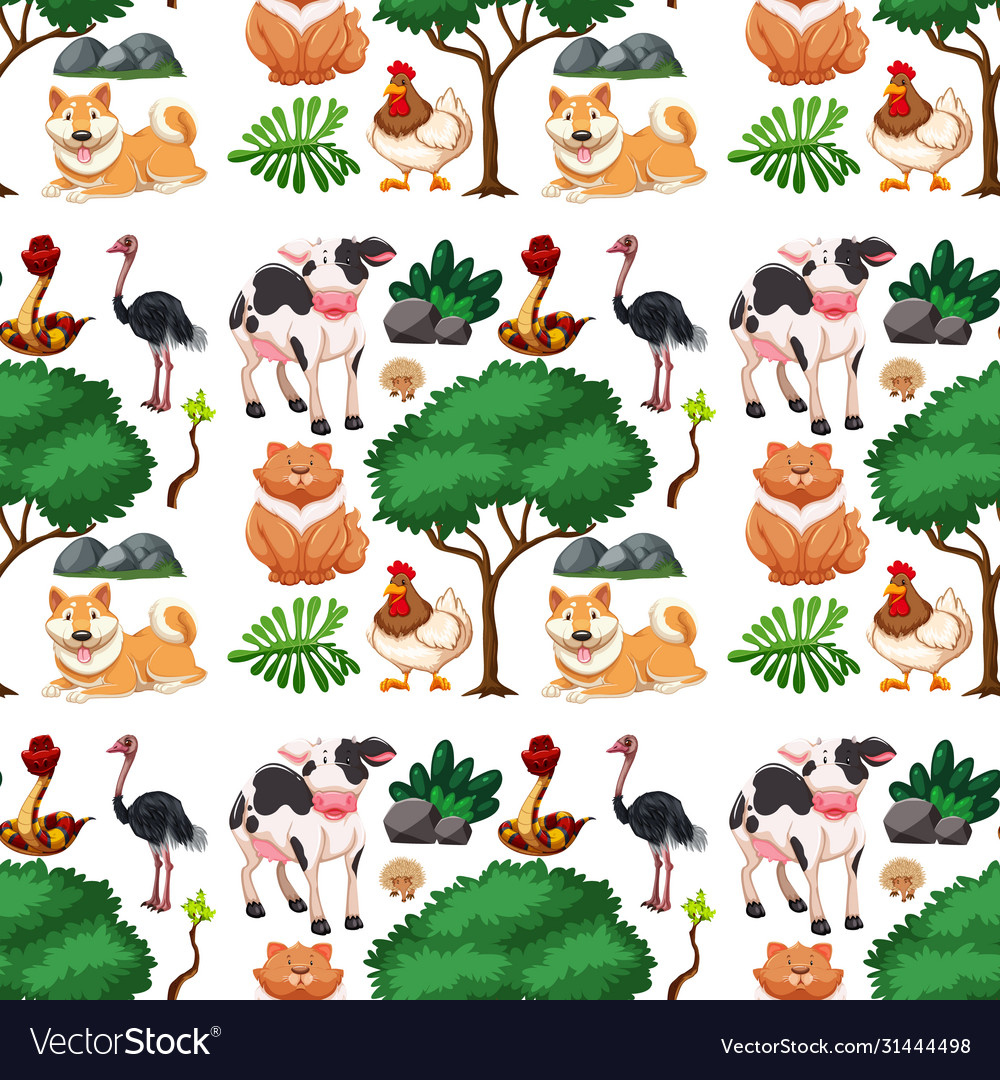 Wild cute animal and tree seamless pattern