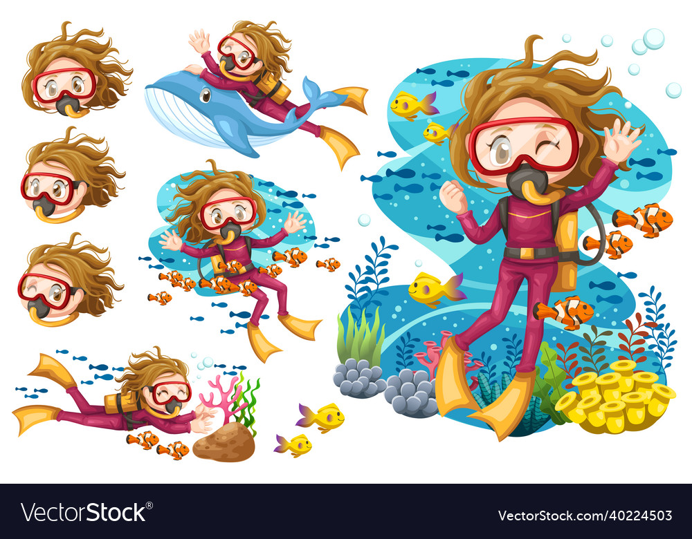 Bundle set of young woman scuba diver diving