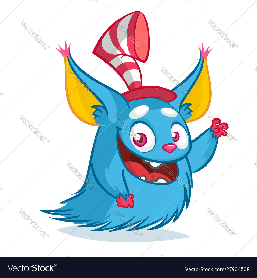 Funny cartoon monster wearing santa claus hat